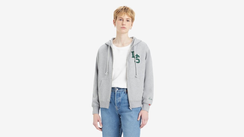 LEVI'S® DÍVČÍ MIKINA S KAPUCÍ NA ZIP S MONOGRAMEM - ŠEDÝ MELÍR